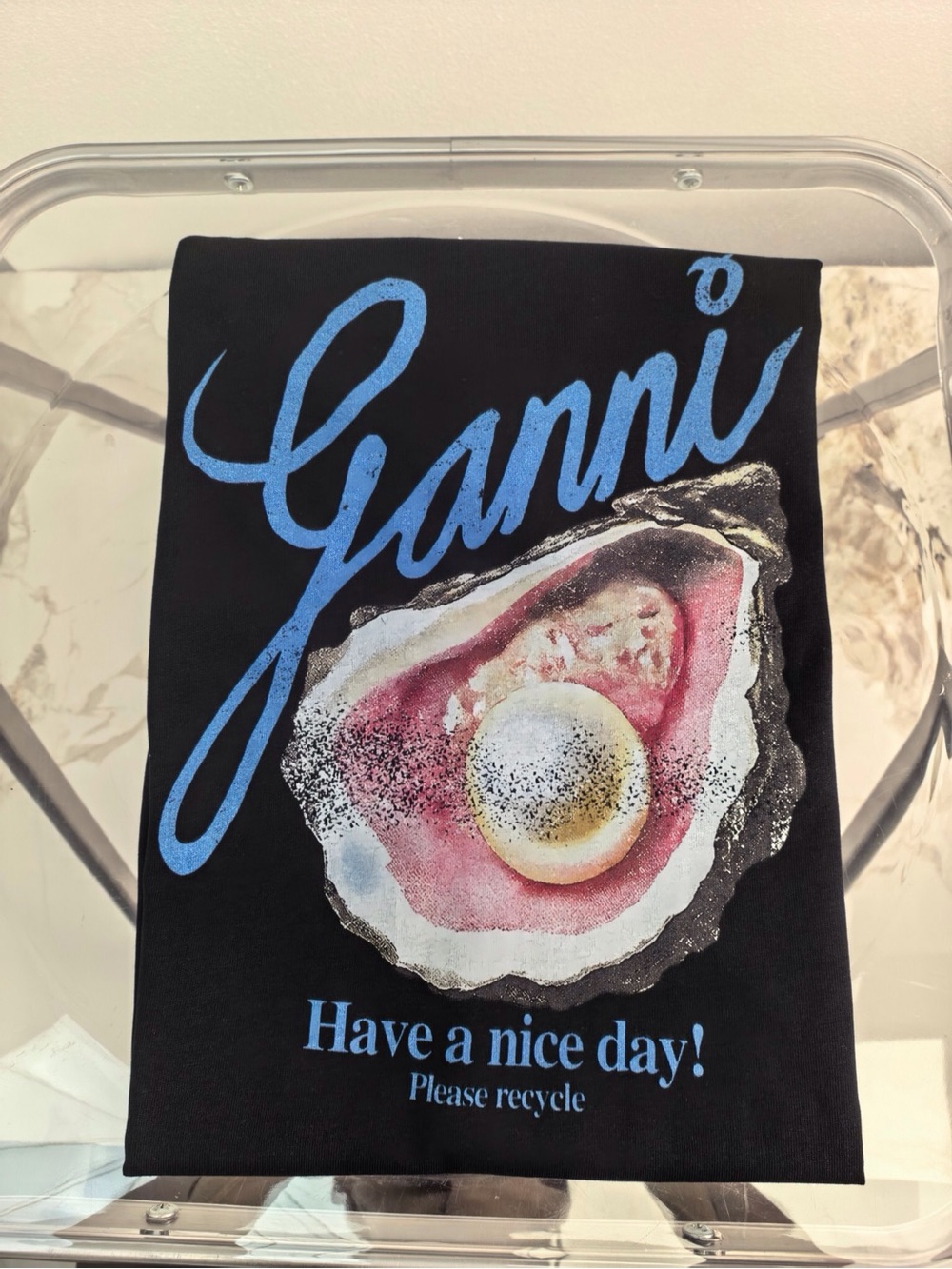 Ganni Black Tee with Blue Script and Multicolor Oyster Graphic - Picture 7 of 7